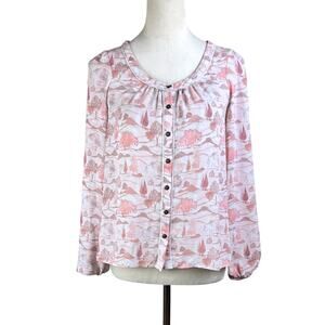 ModCloth Mauve Pink Trees Hills Novelty Print Long Sleeve Button Front Blouse
